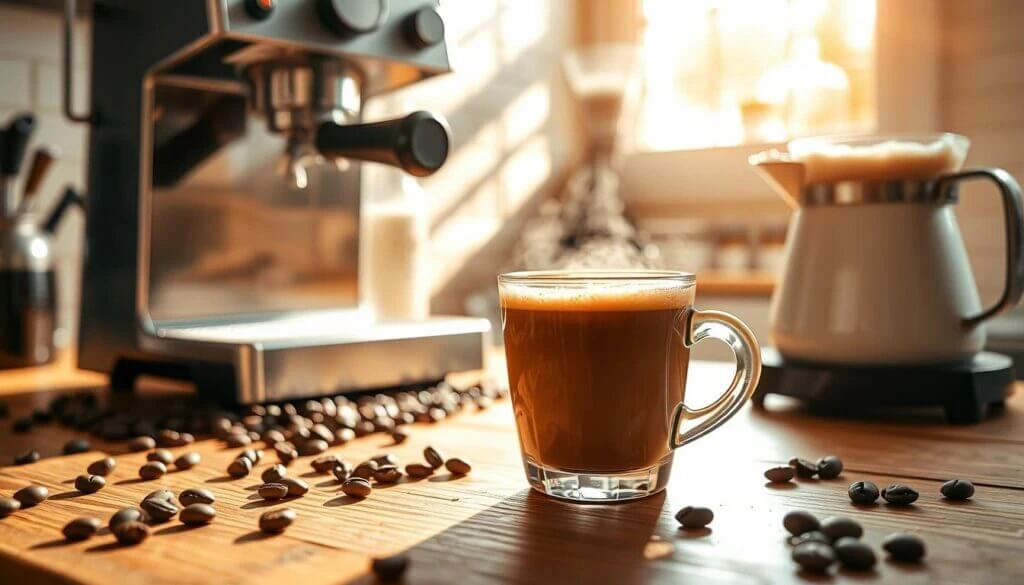 Morning Breve Coffee with Sunlit Espresso Machine