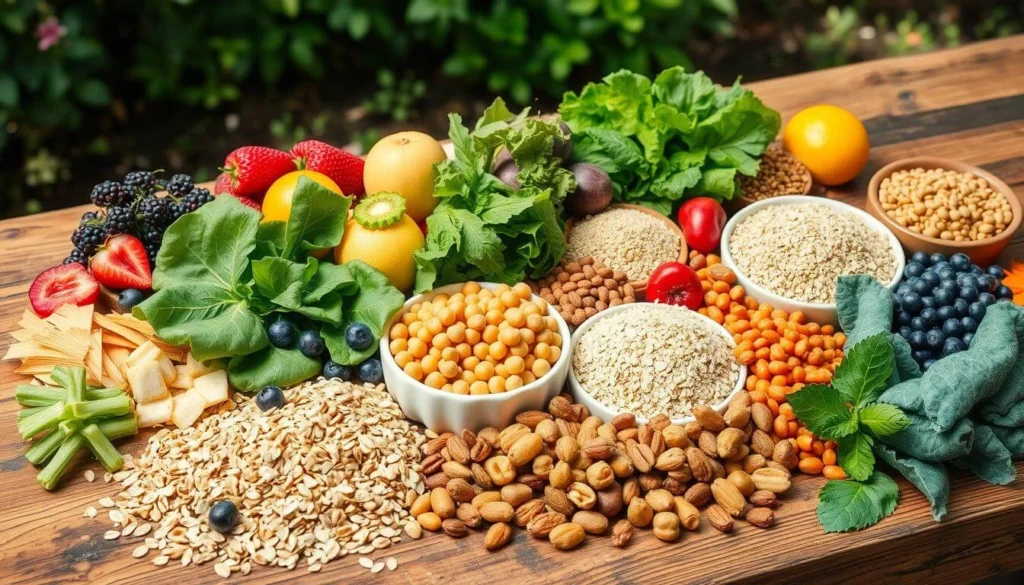 A variety of natural high-fiber foods, including fruits, vegetables, nuts, and grains, arranged on a wooden table.