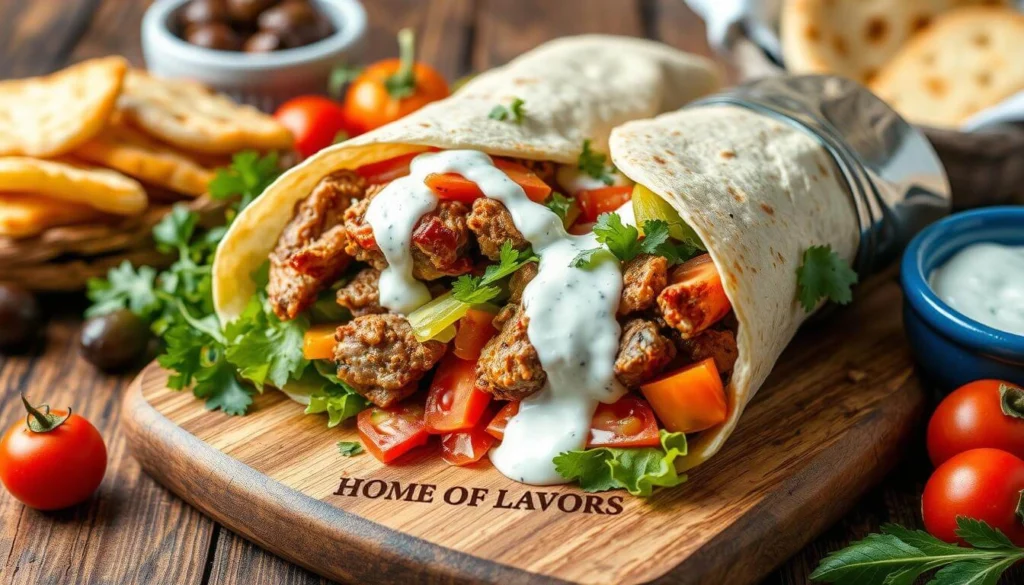 Rolled shawarma wraps with tzatziki sauce and colorful vegetable garnish.