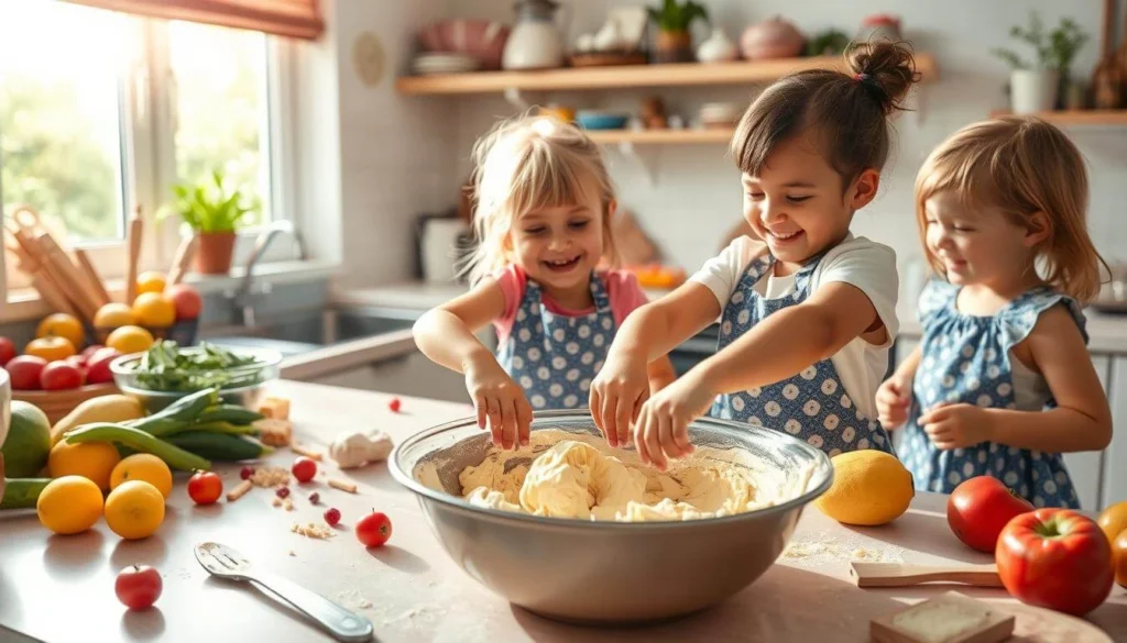 hree young children in blue aprons kneading dough in a sunny kitchen