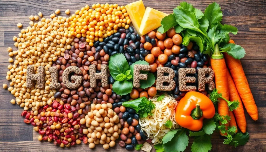 A vibrant assortment of high-fiber foods including beans, carrots, peppers, and leafy greens arranged on a wooden table.