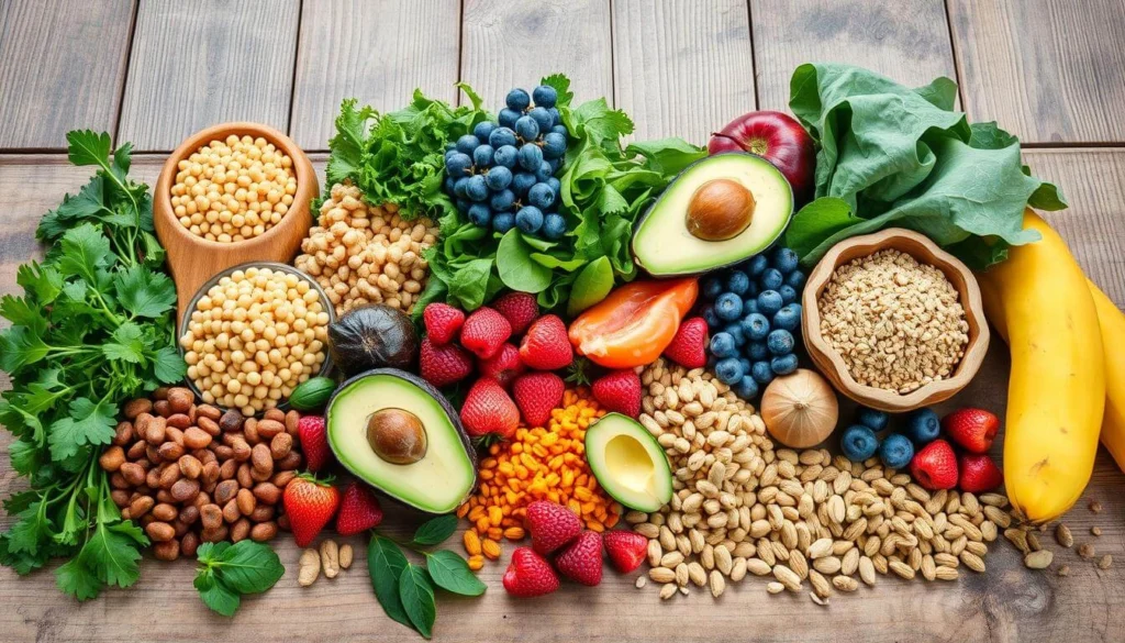 A colorful spread of high-fiber foods, including avocados, berries, nuts, leafy greens, and grains, displayed on a wooden surface.