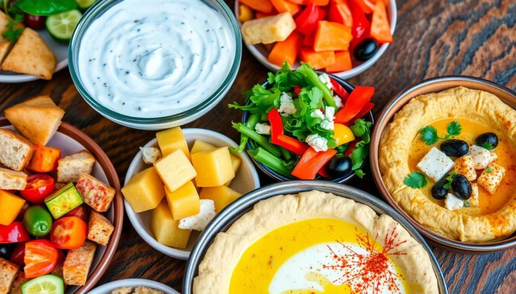 A shawarma bowl with chicken, tzatziki, fresh greens, and grilled vegetables.