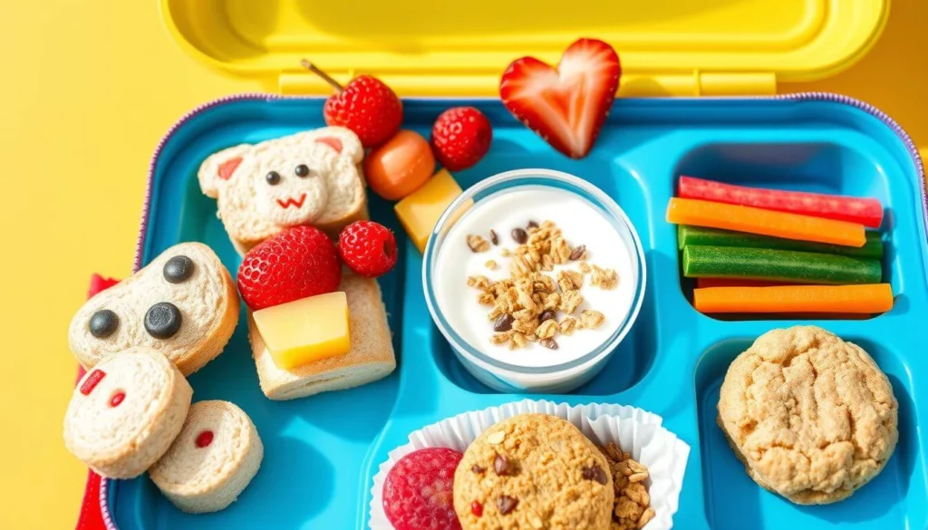 A bright blue lunchbox filled with fruit, yogurt, cookies, and colorful snacks