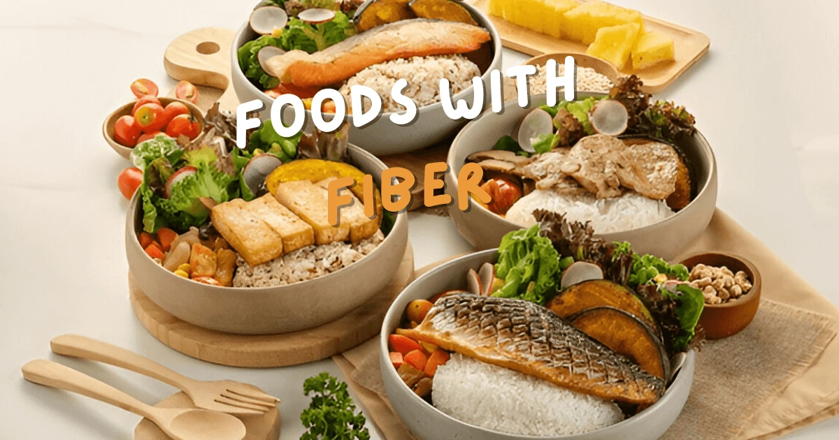 Healthy meals The Best Foods with Fiber for Better Digestion and Health in bowls featuring rice, leafy greens, grilled fish, tofu, and vegetables, arranged on a wooden table.