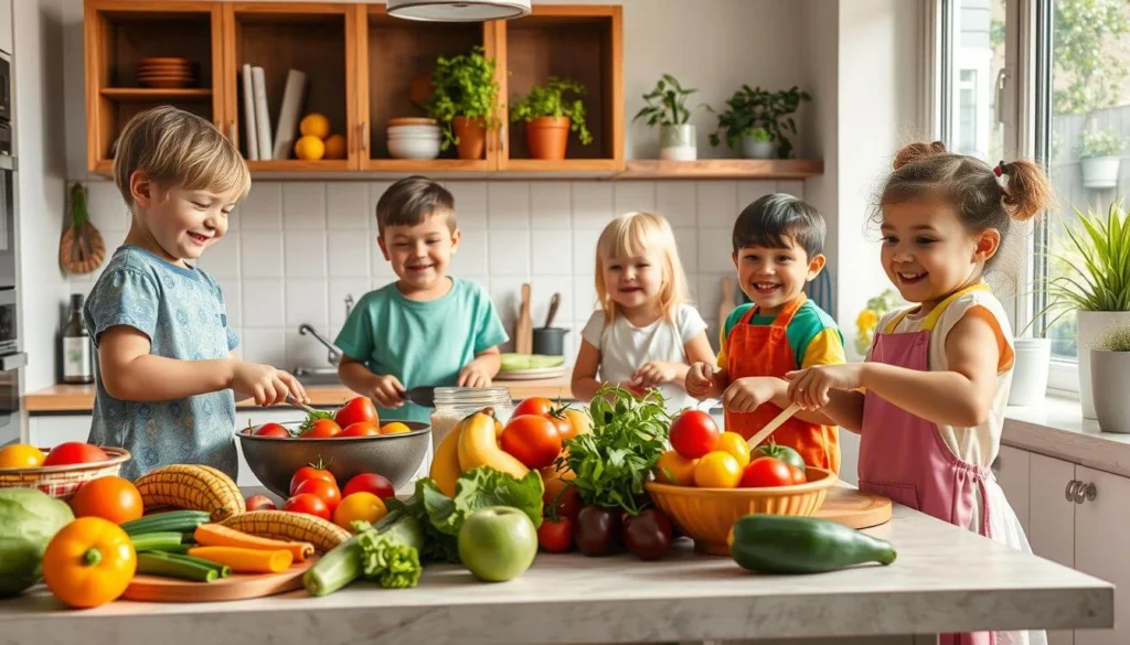 Five children chopping vegetables in a bright kitchen with fresh produce