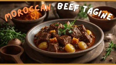 A vibrant spread of Moroccan dishes with a beef tagine centerpiece"