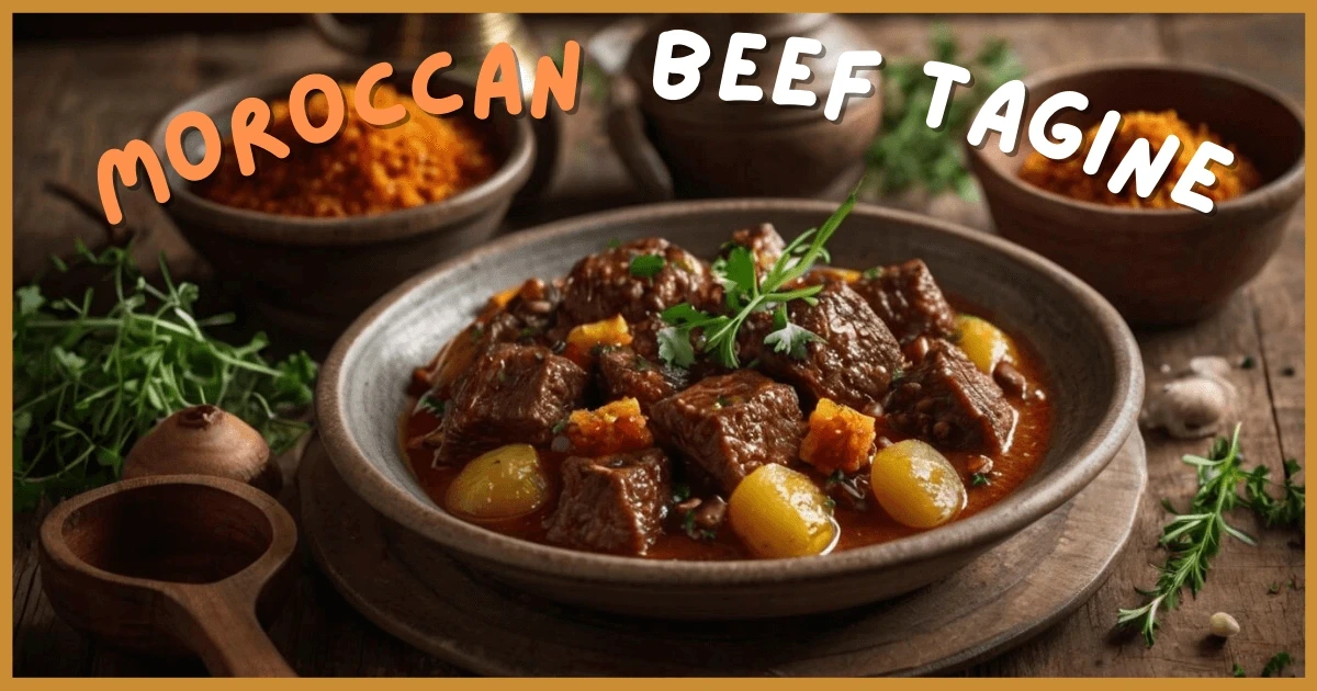 A vibrant spread of Moroccan dishes with a beef tagine centerpiece"