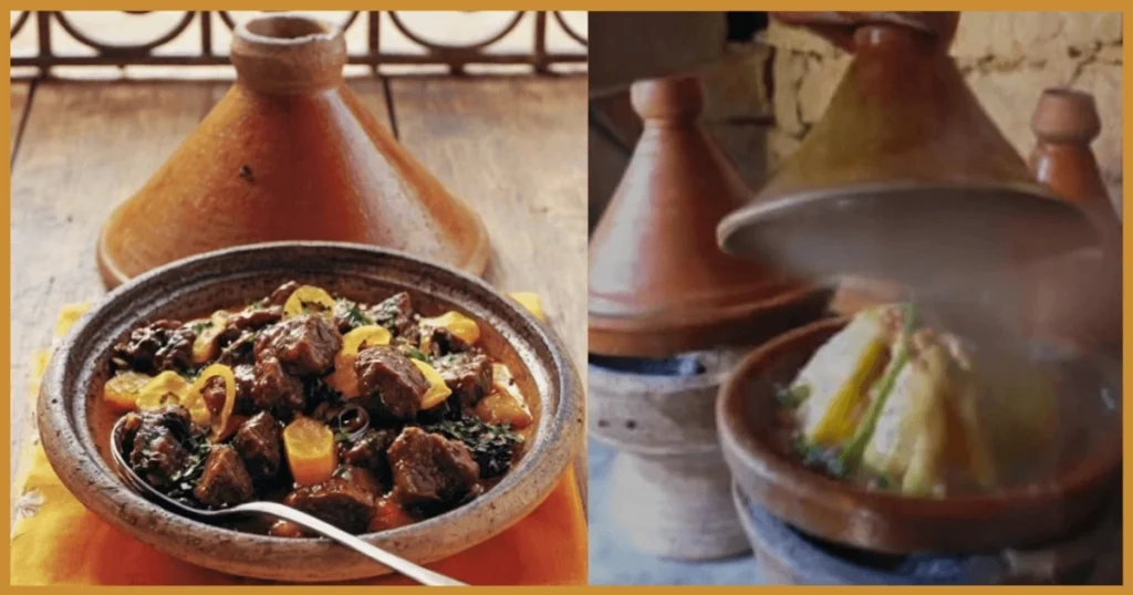 Traditional clay tagine pots steaming over outdoor clay stoves