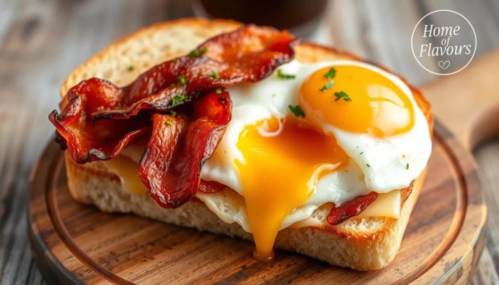 Assembling a bacon egg and cheese sandwich with layers of bacon, egg, and cheese