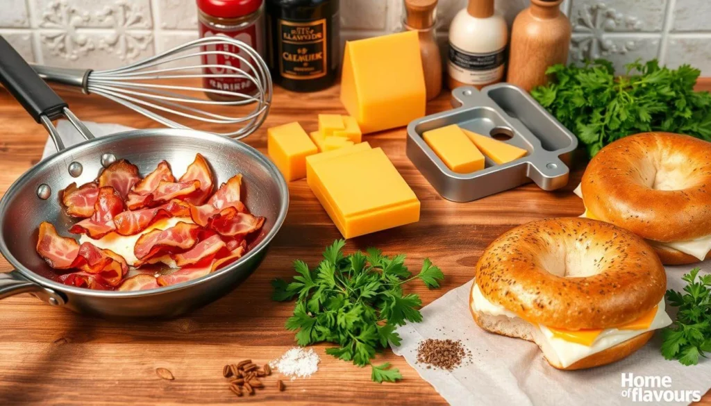 Cracking eggs into a pan to fry for bacon egg and cheese sandwich