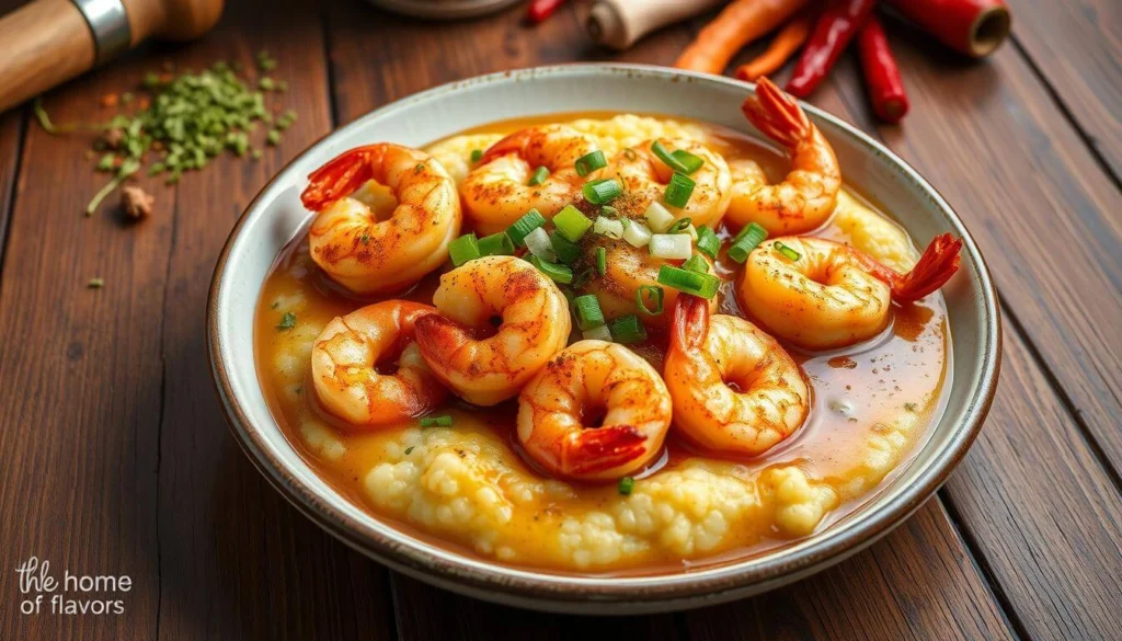 A bowl of New Orleans-style shrimp and grits garnished with green onions.