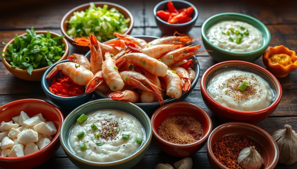 Fresh shrimp with a variety of ingredients for making shrimp and grits.