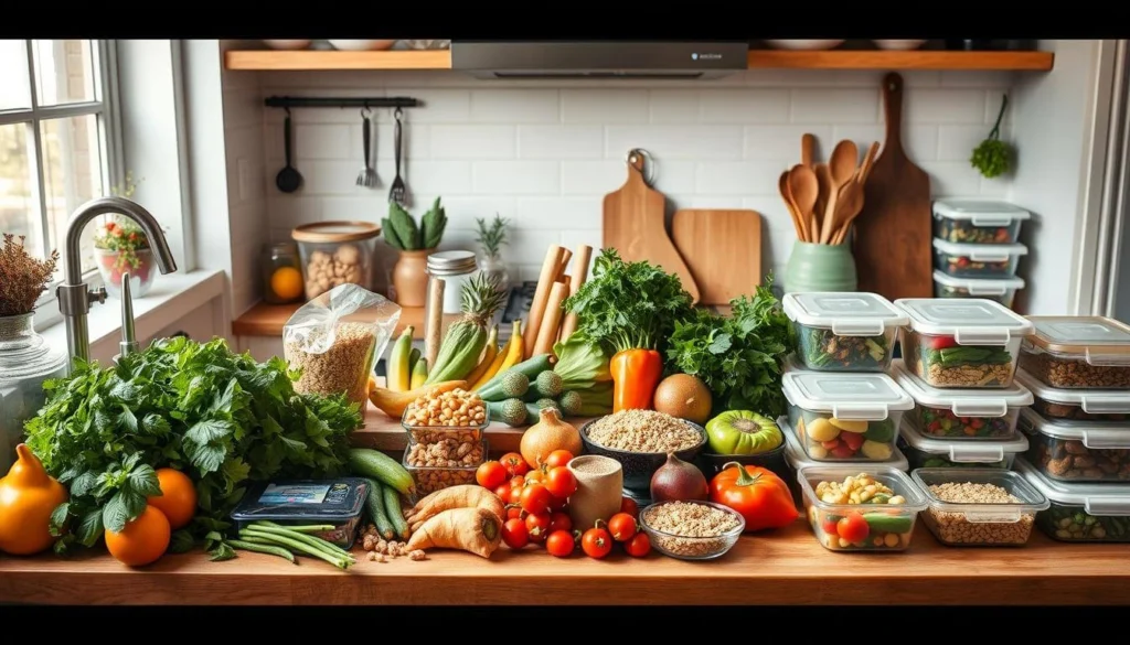  Fresh vegetables, grains, and meal prep containers in a bright kitchen