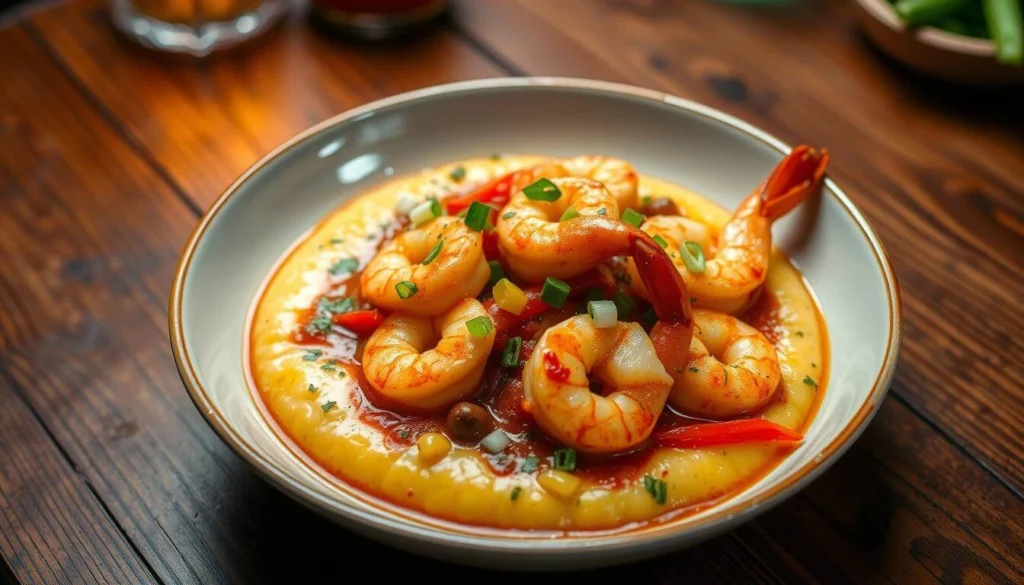 Shrimp and grits topped with herbs in a classic New Orleans-style recipe.